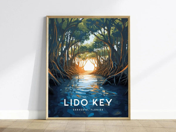 A framed poster depicts a serene waterway surrounded by lush mangrove trees, with sunlight filtering through. The text Lido Key, Sarasota, Florida is displayed at the bottom.