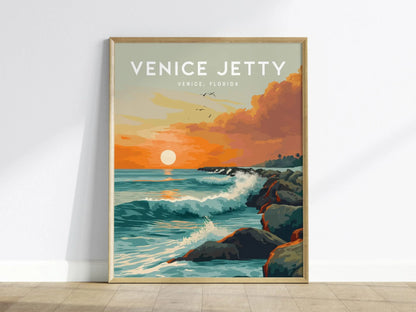 Venice Jetty Florida Surf Spot Wall Art | Sunset Surfing Wave Framed Artwork Poster Design Travel Beach Gulf Gulfster Surfer Gift Home Decor