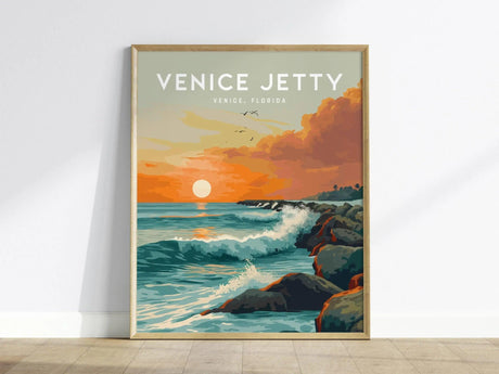 A vibrant poster titled Venice Jetty, showcasing a sunset over the ocean. Waves crash against a rocky jetty, with colorful clouds and a glowing sun setting on the horizon, embodying the serene essence of Venice, Florida.