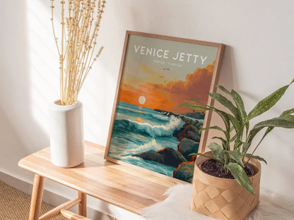 Venice Jetty Florida Surf Spot Wall Art | Sunset Surfing Wave Framed Artwork Poster Design Travel Beach Gulf Gulfster Surfer Gift Home Decor