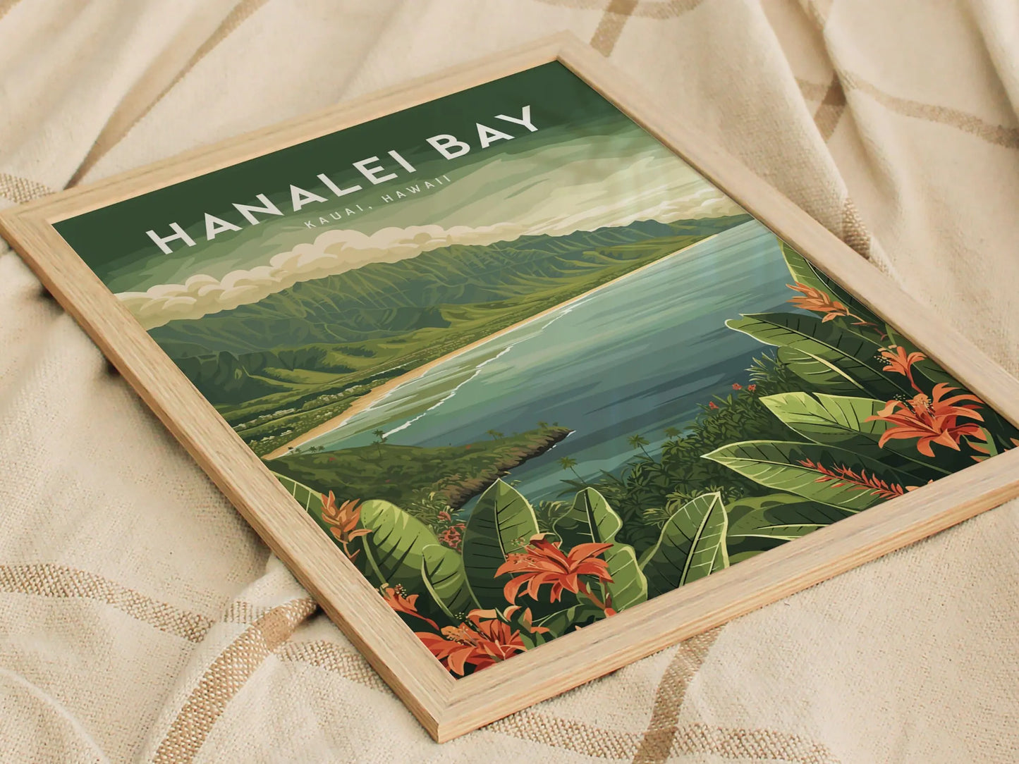 Hanalei Bay, Kauai, Hawaii - Princeville North Shore Framed Wall Art Poster Design Travel Artwork Hawaiian Island Beach Surf Gift Home Decor