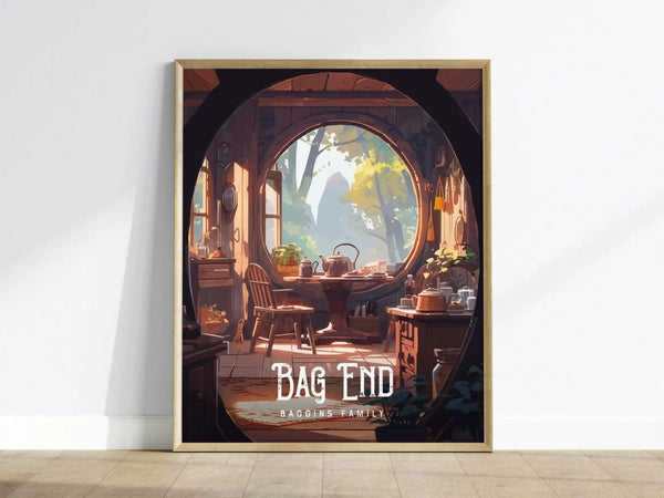 Framed illustration of a cozy hobbit hole interior with a round window, wooden furniture, tea set, and plants. The text Bag End Baggins Family is at the bottom.