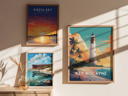 Key Biscayne Lighthouse, Miami, Florida Framed Wall Art - Bill Baggs Cape State Park Beach Tropical Poster Style Travel Island Print Gift