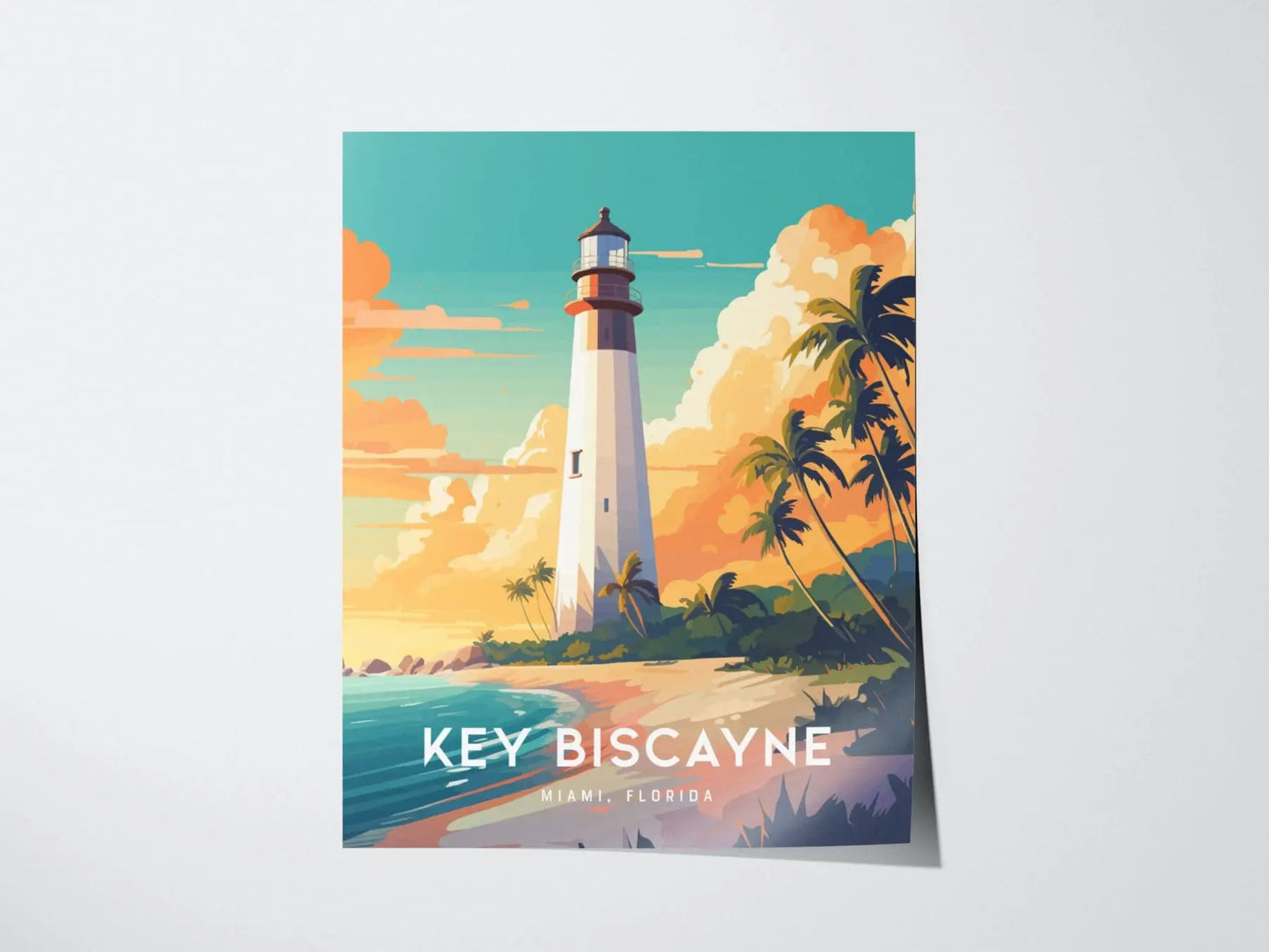 Key Biscayne Lighthouse, Miami, Florida Framed Wall Art - Bill Baggs Cape State Park Beach Tropical Poster Style Travel Island Print Gift