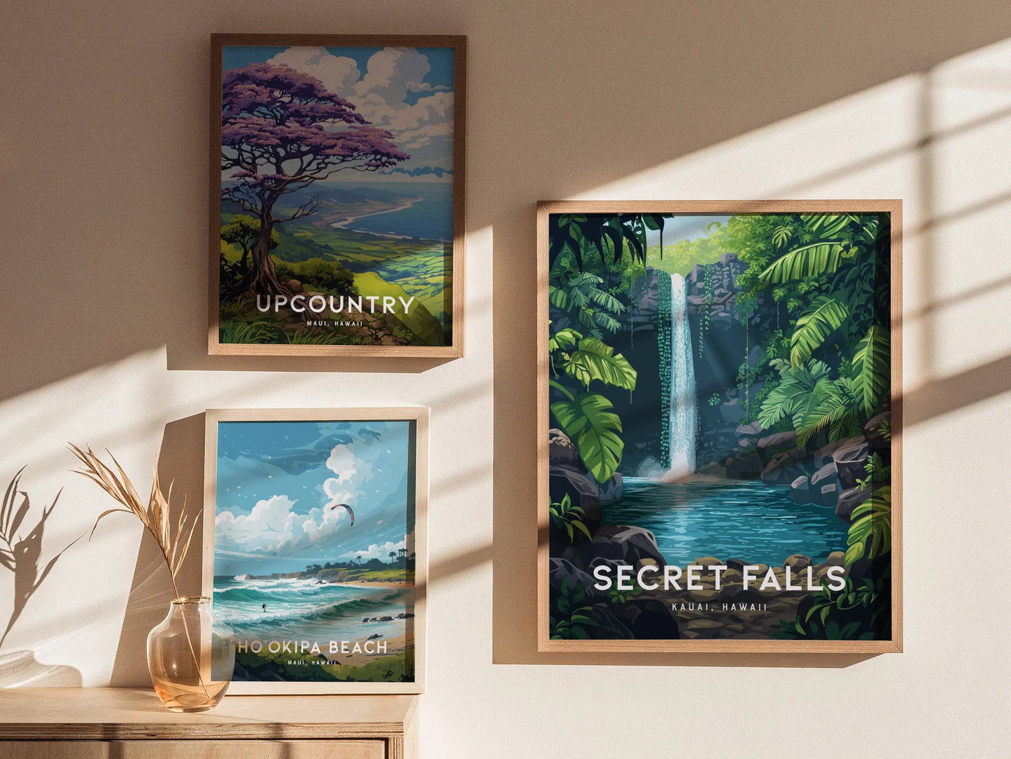 Secret Falls, Kauai, Hawaii | Uluwehi Waterfall | Island Framed Wall Art Poster Kayak Travel Artwork Hawaiian Lush Tropical Gift Hike Decor