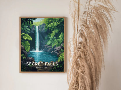 Secret Falls, Kauai, Hawaii | Uluwehi Waterfall | Island Framed Wall Art Poster Kayak Travel Artwork Hawaiian Lush Tropical Gift Hike Decor