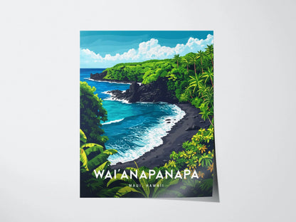 Waianapnapa State Park, Maui, Hawaii | Road To Hana Haiku Paia Black Sand Beach | Wall Art Poster Travel Print Adventure Theme Tropical Gift