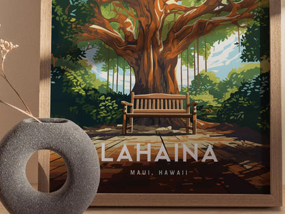 Lahaina, Maui, Hawaii - Historic Front Street Banyan Tree Framed Wall Art Poster Design Travel Artwork Island Hawaiian Memorial Gift Decor