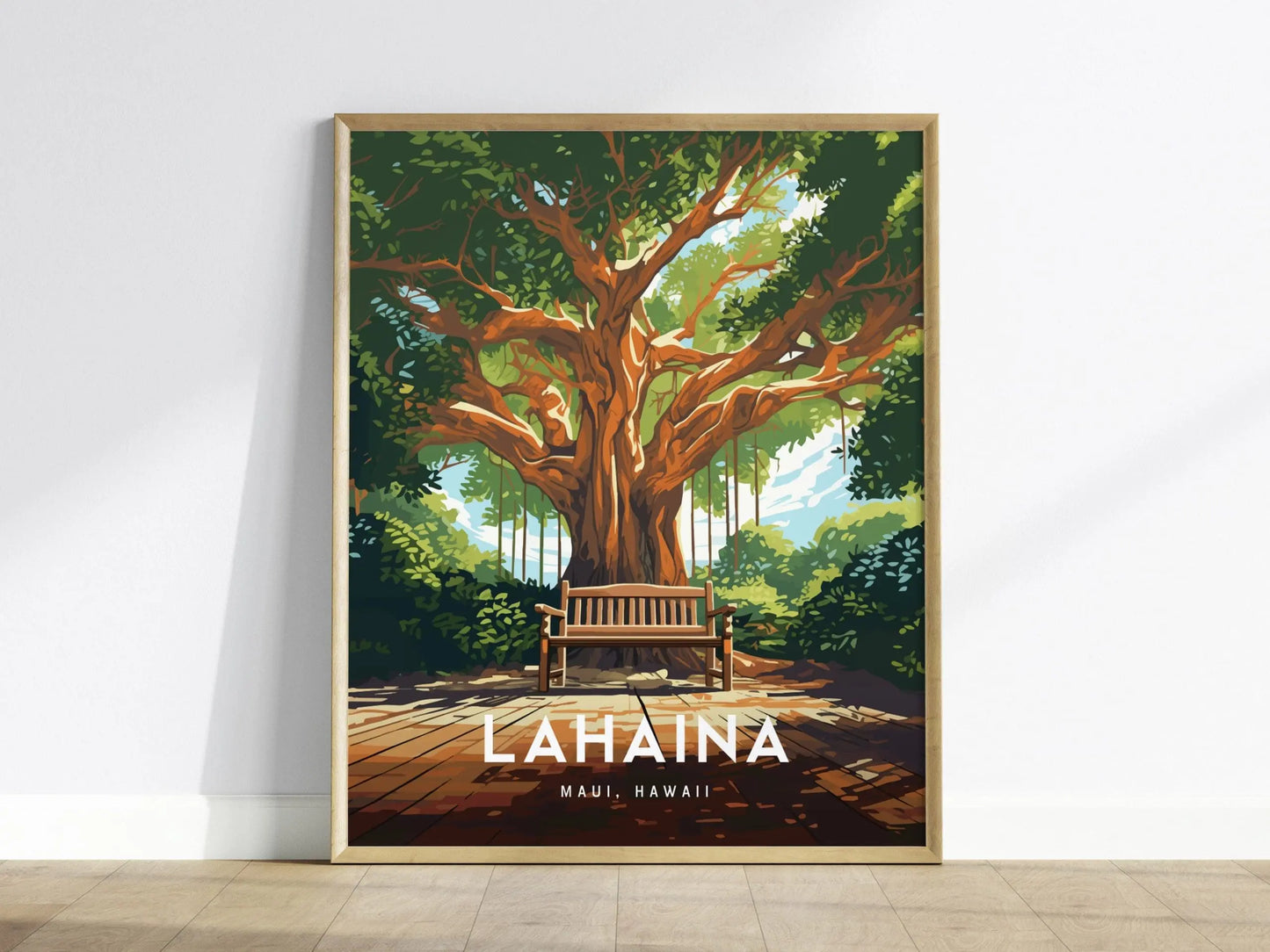 Lahaina, Maui, Hawaii - Historic Front Street Banyan Tree Framed Wall Art Poster Design Travel Artwork Island Hawaiian Memorial Gift Decor