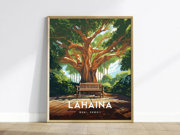 Lahaina, Maui, Hawaii - Historic Front Street Banyan Tree Framed Wall Art Poster Design Travel Artwork Island Hawaiian Memorial Gift Decor - Swell Scenes