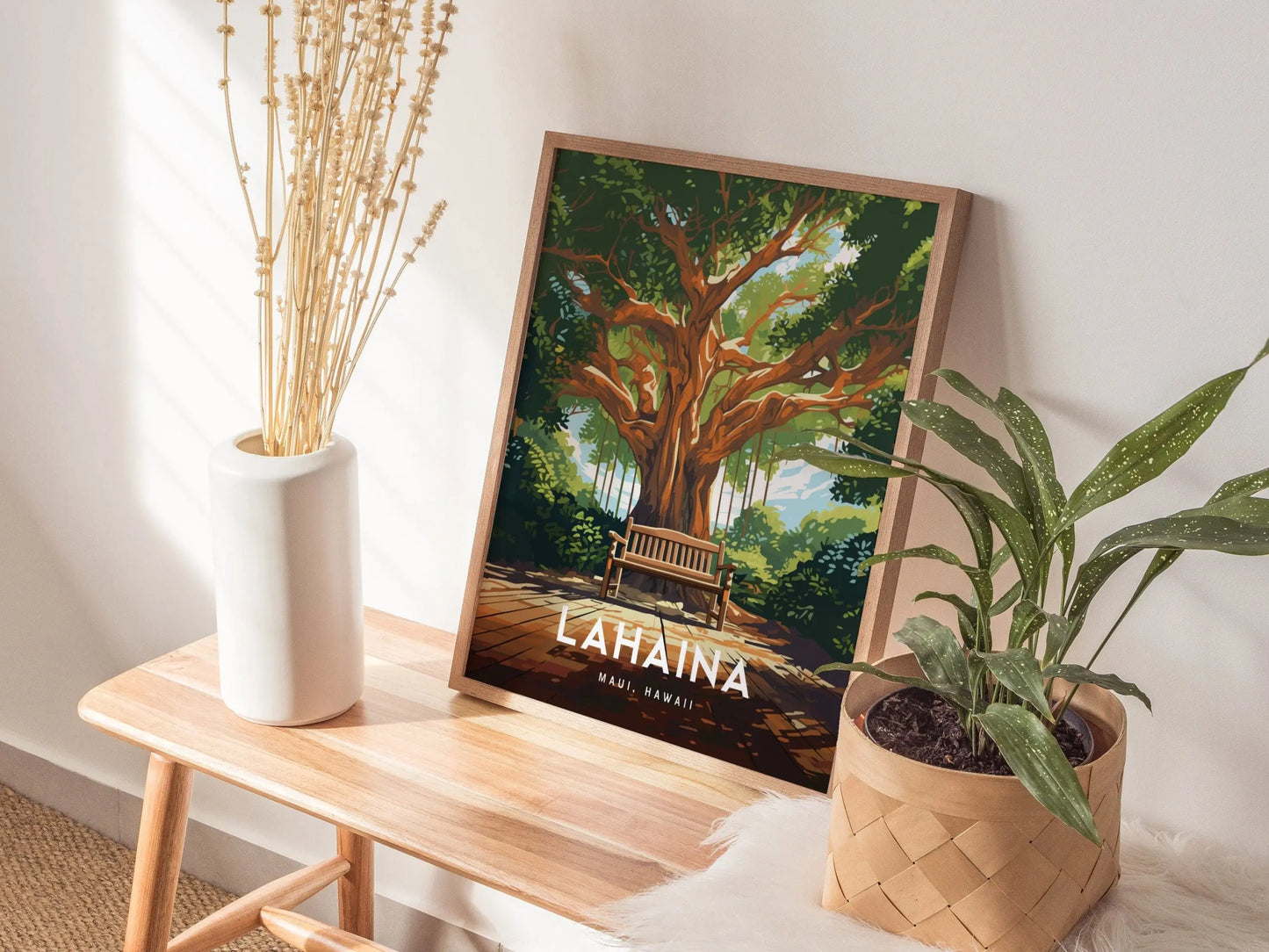 Lahaina, Maui, Hawaii - Historic Front Street Banyan Tree Framed Wall Art Poster Design Travel Artwork Island Hawaiian Memorial Gift Decor