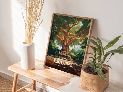 Lahaina, Maui, Hawaii - Historic Front Street Banyan Tree Framed Wall Art Poster Design Travel Artwork Island Hawaiian Memorial Gift Decor