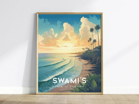 Swami's Encinitas surf spot poster featuring golden sunset over California beach with glassy waves and coastal cliffs