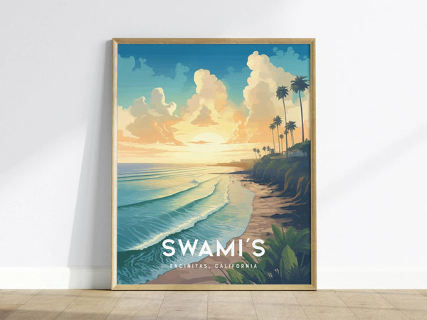 Swami's Encinitas surf spot poster featuring golden sunset over California beach with glassy waves and coastal cliffs