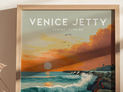 Venice Jetty Florida Surf Spot Wall Art | Sunset Surfing Wave Framed Artwork Poster Design Travel Beach Gulf Gulfster Surfer Gift Home Decor