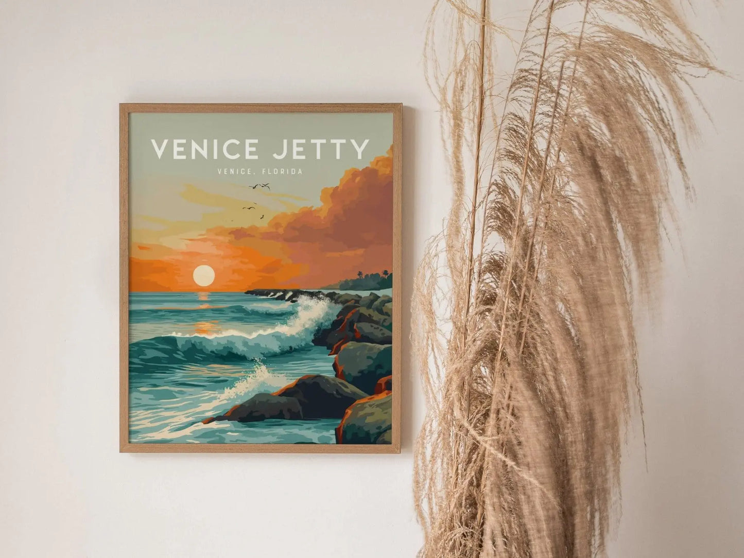 Venice Jetty Florida Surf Spot Wall Art | Sunset Surfing Wave Framed Artwork Poster Design Travel Beach Gulf Gulfster Surfer Gift Home Decor