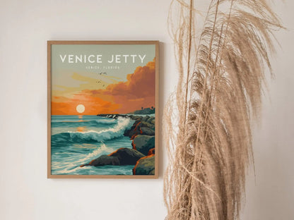 Venice Jetty Florida Surf Spot Wall Art | Sunset Surfing Wave Framed Artwork Poster Design Travel Beach Gulf Gulfster Surfer Gift Home Decor