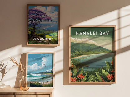 Hanalei Bay, Kauai, Hawaii - Princeville North Shore Framed Wall Art Poster Design Travel Artwork Hawaiian Island Beach Surf Gift Home Decor