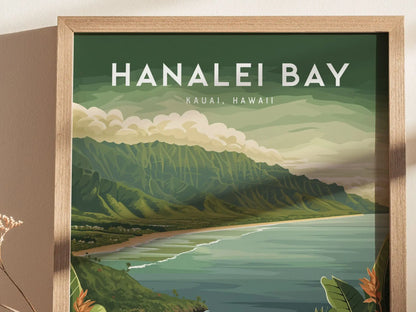 Hanalei Bay, Kauai, Hawaii - Princeville North Shore Framed Wall Art Poster Design Travel Artwork Hawaiian Island Beach Surf Gift Home Decor