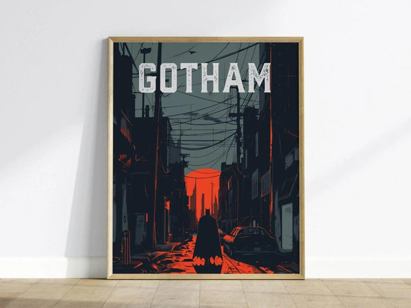 A framed poster depicts a shadowy figure in a long cape walking down a dimly lit urban street with power lines overhead. The background features a red and gray sky with the word GOTHAM prominently displayed at the top.