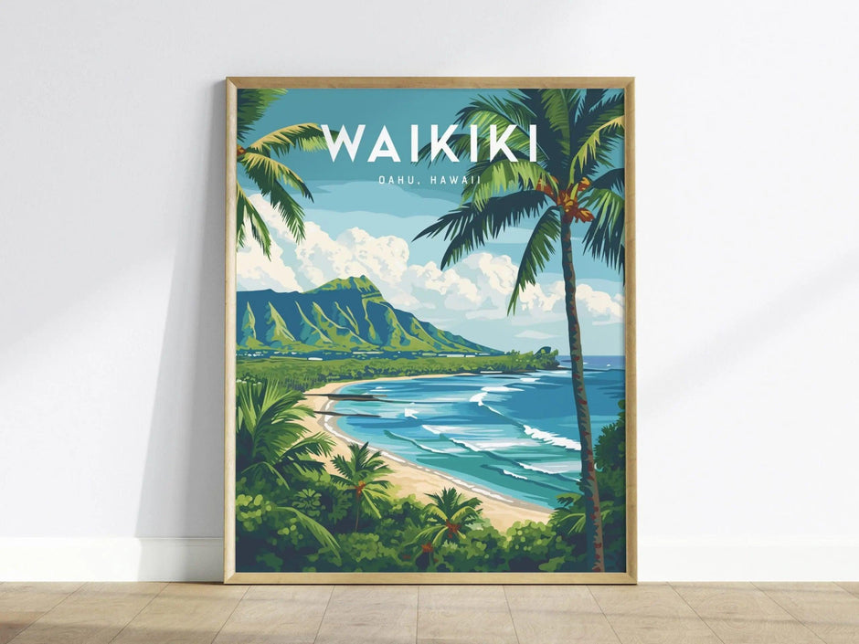 Waikiki Beach, Oahu, Hawaii, Wall Art | Diamond Head Framed Poster Design Travel Ocean Tropical Hawaiian Rental Home Decor Print Gift - Swell Scenes