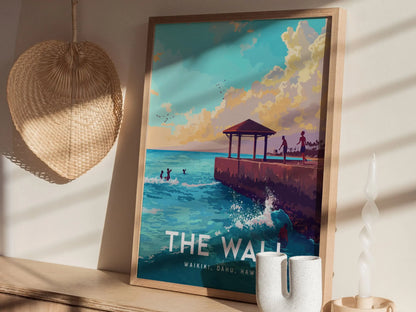 The Wall, Oahu, Hawaii, Framed Art | Waikiki Beach Framed Poster Design Travel Ocean Landmark Tropical Hawaiian Rental Home Decor Print Gift