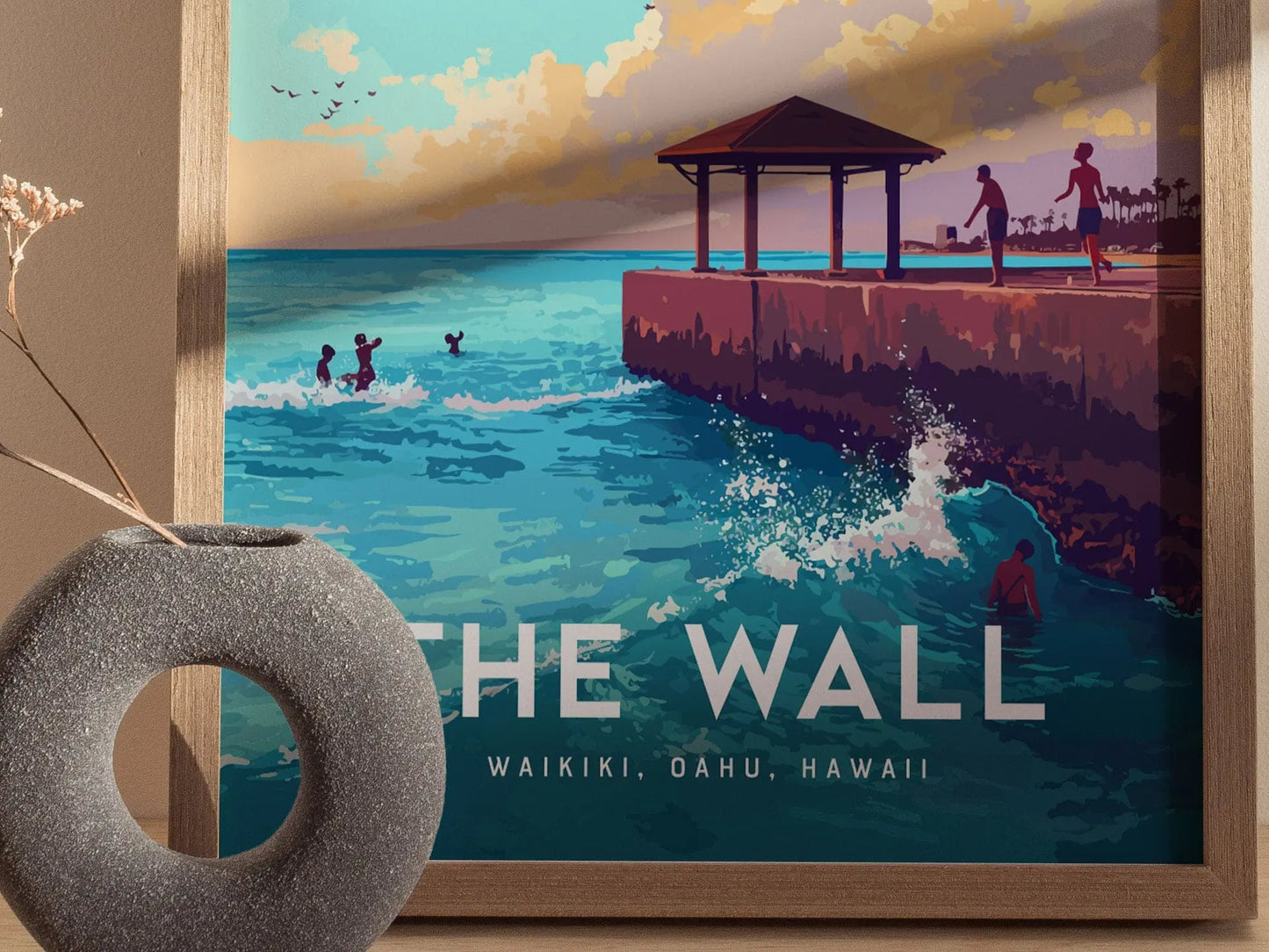 The Wall, Oahu, Hawaii, Framed Art | Waikiki Beach Framed Poster Design Travel Ocean Landmark Tropical Hawaiian Rental Home Decor Print Gift