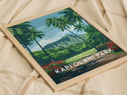 Kapiolani Park, Waikiki, Hawaii, Framed Art | Oahu Island Poster Design Travel Ocean Landmark Tropical Hawaiian Rental Home Decor Print Gift