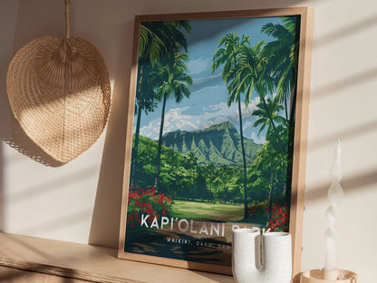 Kapiolani Park, Waikiki, Hawaii, Framed Art | Oahu Island Poster Design Travel Ocean Landmark Tropical Hawaiian Rental Home Decor Print Gift