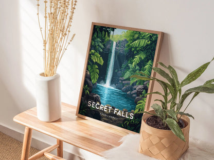 Secret Falls, Kauai, Hawaii | Uluwehi Waterfall | Island Framed Wall Art Poster Kayak Travel Artwork Hawaiian Lush Tropical Gift Hike Decor