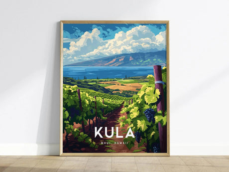 Framed poster of a vibrant vineyard landscape, featuring lush grapevines and a distant ocean view under a blue sky with clouds. Kula Maui, Hawaii is written at the bottom.