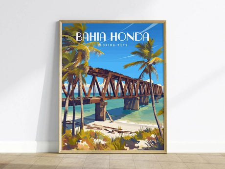 A vibrant art print featuring the iconic broken railroad bridge at Bahia Honda State Park, surrounded by swaying coconut palms and turquoise waters. The bold text BAHIA HONDA and FLORIDA KEYS adds a tropical flair to this picturesque scene.