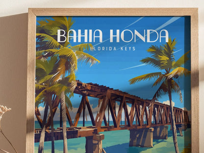 Bahia Honda Key State Park, Florida Keys Framed Wall Art - Bridge Beach Vacation Poster Design Travel Island Print Collection Home Decor Set