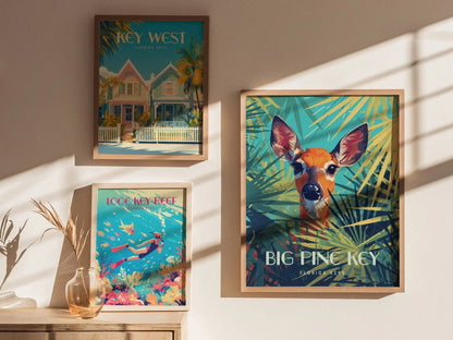 Big Pine Key, Florida Keys Framed Wall Art - Deer Palmettos Vacation Poster Design Travel Island Print Collection Home Beach Cottage Decor