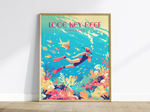 A vibrant illustration of a snorkeler exploring the Looe Key Coral Reef, surrounded by colorful coral formations and tropical fish.