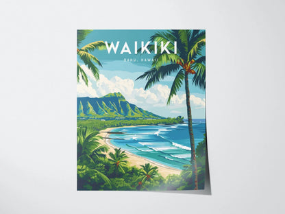 Waikiki Beach, Oahu, Hawaii, Wall Art | Diamond Head Framed Poster Design Travel Ocean Tropical Hawaiian Rental Home Decor Print Gift