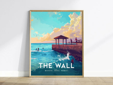 Colorful poster of Waikiki Beach showing a pier with people enjoying the ocean and vibrant clouds in the sky. Text reads The Wall, Waikiki, Oahu, Hawaii.