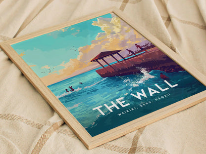 The Wall, Oahu, Hawaii, Framed Art | Waikiki Beach Framed Poster Design Travel Ocean Landmark Tropical Hawaiian Rental Home Decor Print Gift