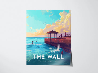 The Wall, Oahu, Hawaii, Framed Art | Waikiki Beach Framed Poster Design Travel Ocean Landmark Tropical Hawaiian Rental Home Decor Print Gift