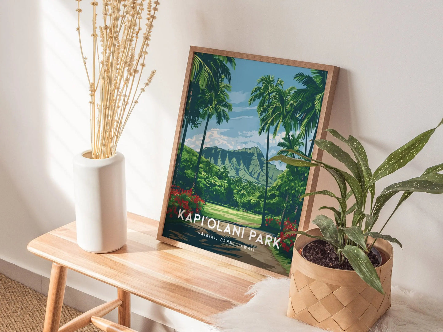 Kapiolani Park, Waikiki, Hawaii, Framed Art | Oahu Island Poster Design Travel Ocean Landmark Tropical Hawaiian Rental Home Decor Print Gift