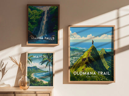 Mount Olomana Trail, Kailua, Hawaii, Framed Art | Oahu Island Poster Design Travel Hiking Tropical Hawaiian Rental Home Decor Print Gift Set