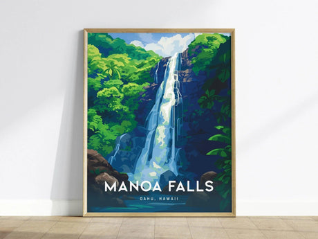 A framed poster of Manoa Falls features a vibrant waterfall cascading through lush green foliage, with the text MANOA FALLS, OAHU, HAWAII at the bottom.