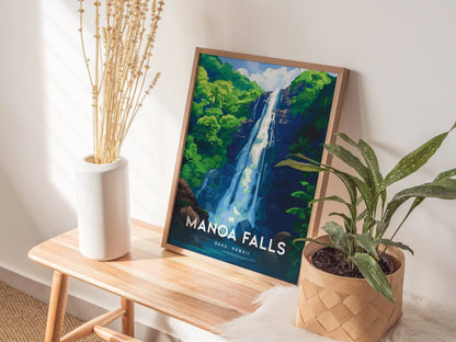 Manoa Falls, Oahu, Hawaii, Framed Art | Hawaiian Waterfall Hike Island Poster Design Travel Hiking Tropical Rental Home Decor Print Gift Set