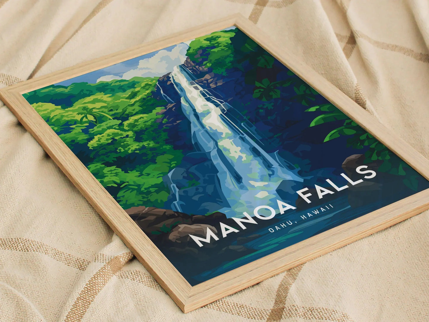 Manoa Falls, Oahu, Hawaii, Framed Art | Hawaiian Waterfall Hike Island Poster Design Travel Hiking Tropical Rental Home Decor Print Gift Set