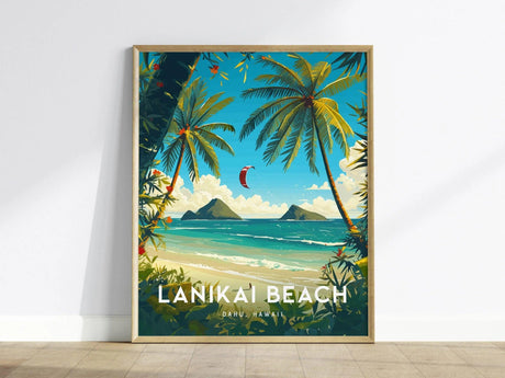 A vibrant poster of Lanikai Beach in Oahu, Hawaii, featuring lush palm trees framing a picturesque view of the turquoise ocean and the Mokulua islets in the distance.
