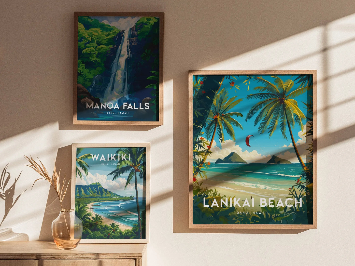 Lanikai Beach, Kailua, Oahu, Hawaii, Framed Art | Hawaiian Island Poster Design Travel Kite Surfer Tropical Rental Home Decor Print Gift Set