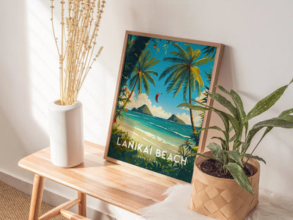 Lanikai Beach, Kailua, Oahu, Hawaii, Framed Art | Hawaiian Island Poster Design Travel Kite Surfer Tropical Rental Home Decor Print Gift Set