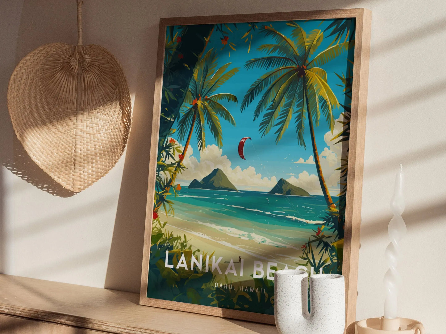 Lanikai Beach, Kailua, Oahu, Hawaii, Framed Art | Hawaiian Island Poster Design Travel Kite Surfer Tropical Rental Home Decor Print Gift Set