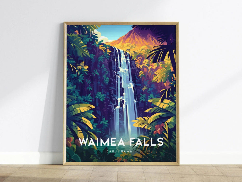 Waimea Valley Falls, Oahu, Hawaii, Framed Wall Art | North Shore Waterfall Hike Island Travel Poster Park Tropical Home Decor Print Gift Set - Swell Scenes