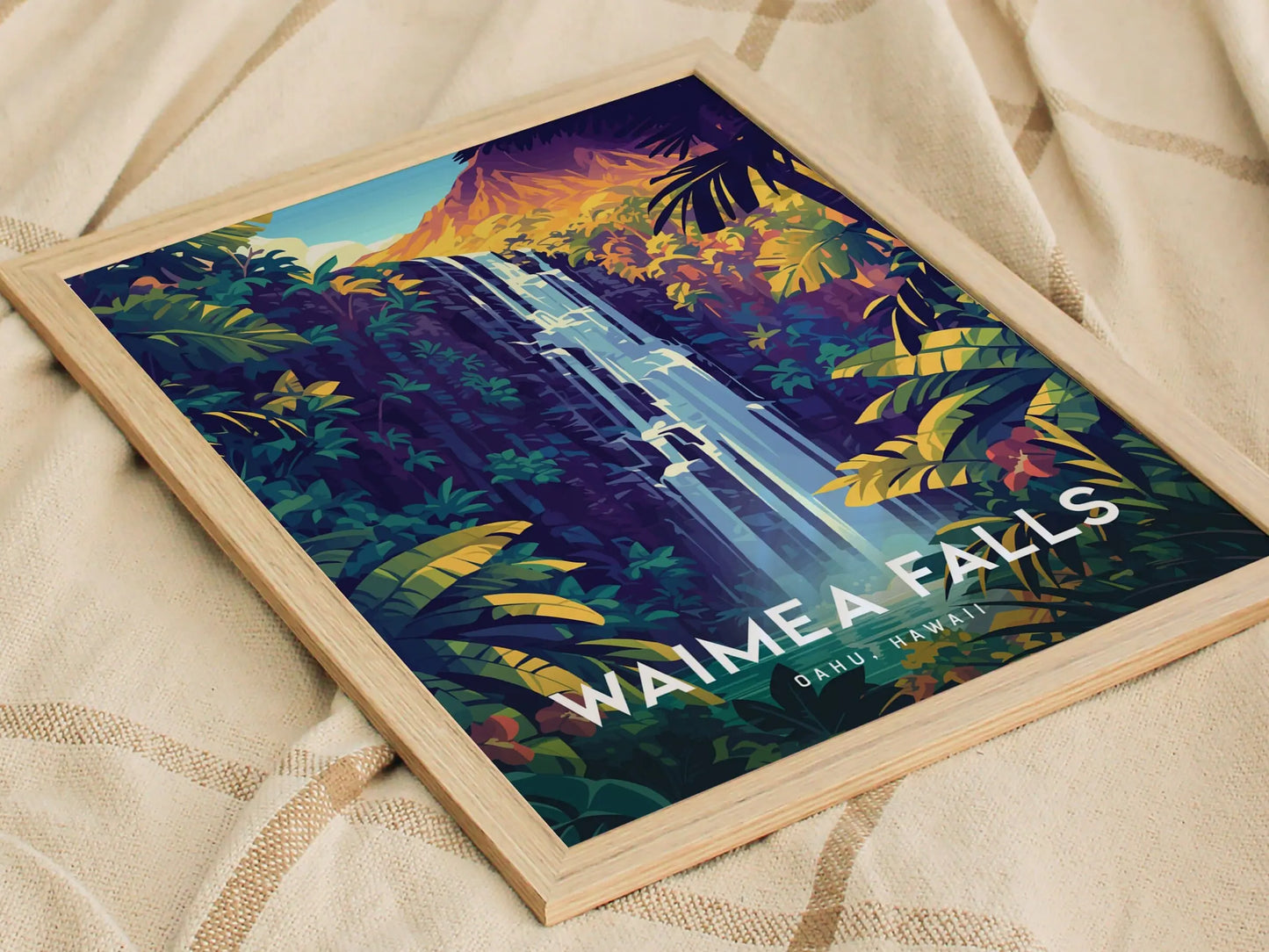 Waimea Valley Falls, Oahu, Hawaii, Framed Wall Art | North Shore Waterfall Hike Island Travel Poster Park Tropical Home Decor Print Gift Set